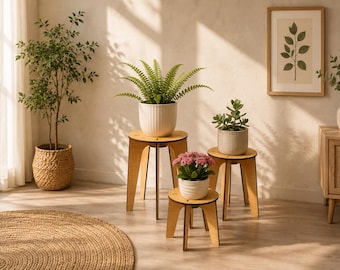 Set of 3 Plant Stands SVG 6mm | Wooden Flower Pot Holders | Laser Cut Plant Stool Bundle | Scandinavian Plant Decor