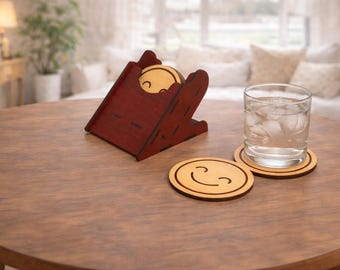 Emoji Coaster Set with Holder SVG | Laser Cut Plywood Drink Coasters (Digital Download)