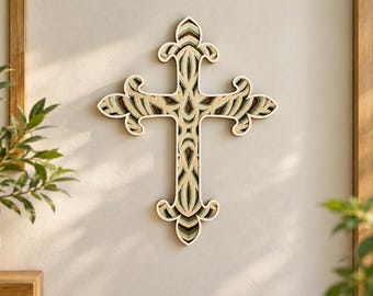 Layered Cross SVG, Christian Cross Wall Art, 3D Wooden Cross Laser Cut File, Decorative Religious Wall Decor, Mandala Cross SVG