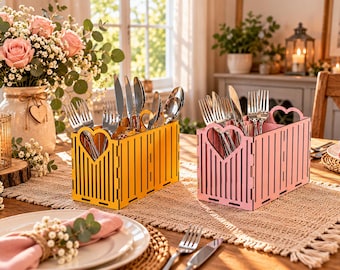 Cutlery Holder SVG | Utensil Organizer Laser Cut File | Heart Silverware Caddy | 3mm Plywood SVG