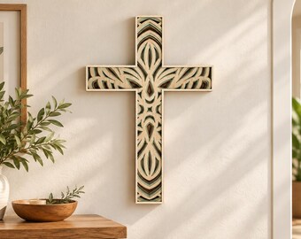 Layered Cross SVG, Christian Cross Laser Cut File, 3D Wooden Cross Wall Art, Religious Mandala SVG, Christian Home Decor