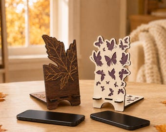 Phone Stand SVG Bundle | Maple Leaf and Butterfly Wooden Holder Designs | Laser Cut Files for 3mm Material