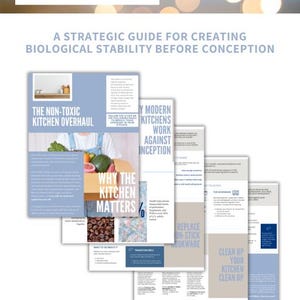 May include: A stack of informational guides with the title "Fertility for Your Kitchen" and the subtitle "A Strategic Guide for Creating Biological Stability Before Conception." The guides have blue and white text and images.