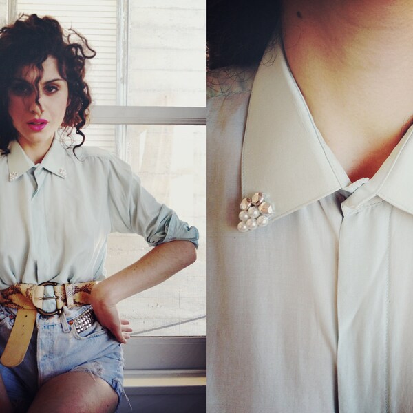 Spring Pastel Embroidered Collared Blouse Button Up