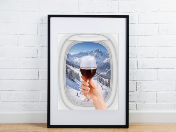 Ski Mountain Wall Art Printable, Alpine Travel Poster, Red Wine