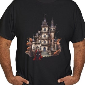 Ominous Vampire T Shirt, Halloween Dracula In Front Of Castle T-Shirt, Spooky Fall Autumn Apparel, Chilling Halloween Tee, Fun Unique Gift.