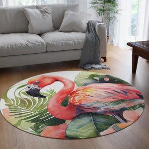 Tropical Pink Flamingo Area Rug, Eclectic Home Decor, Whimsical Floor Covering, Boho 60&quot; Round Rug, Colorful Bedroom Rug ,Bold Entryway Rug