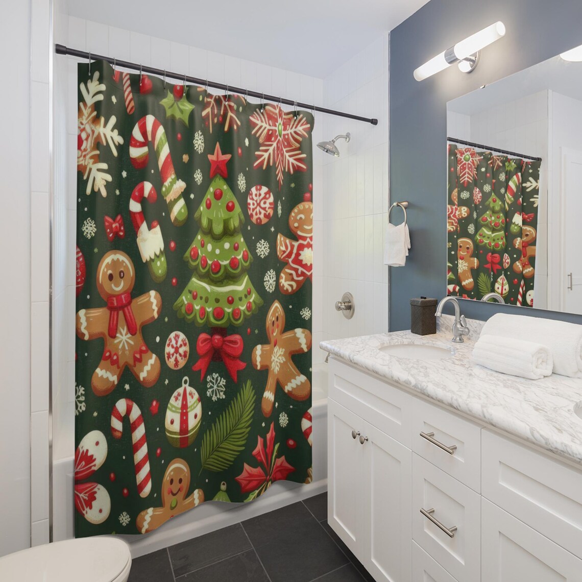 Christmas Gingerbread Man Shower Curtain, Holiday Themed Bathtub Decor, Colorful Holiday ...