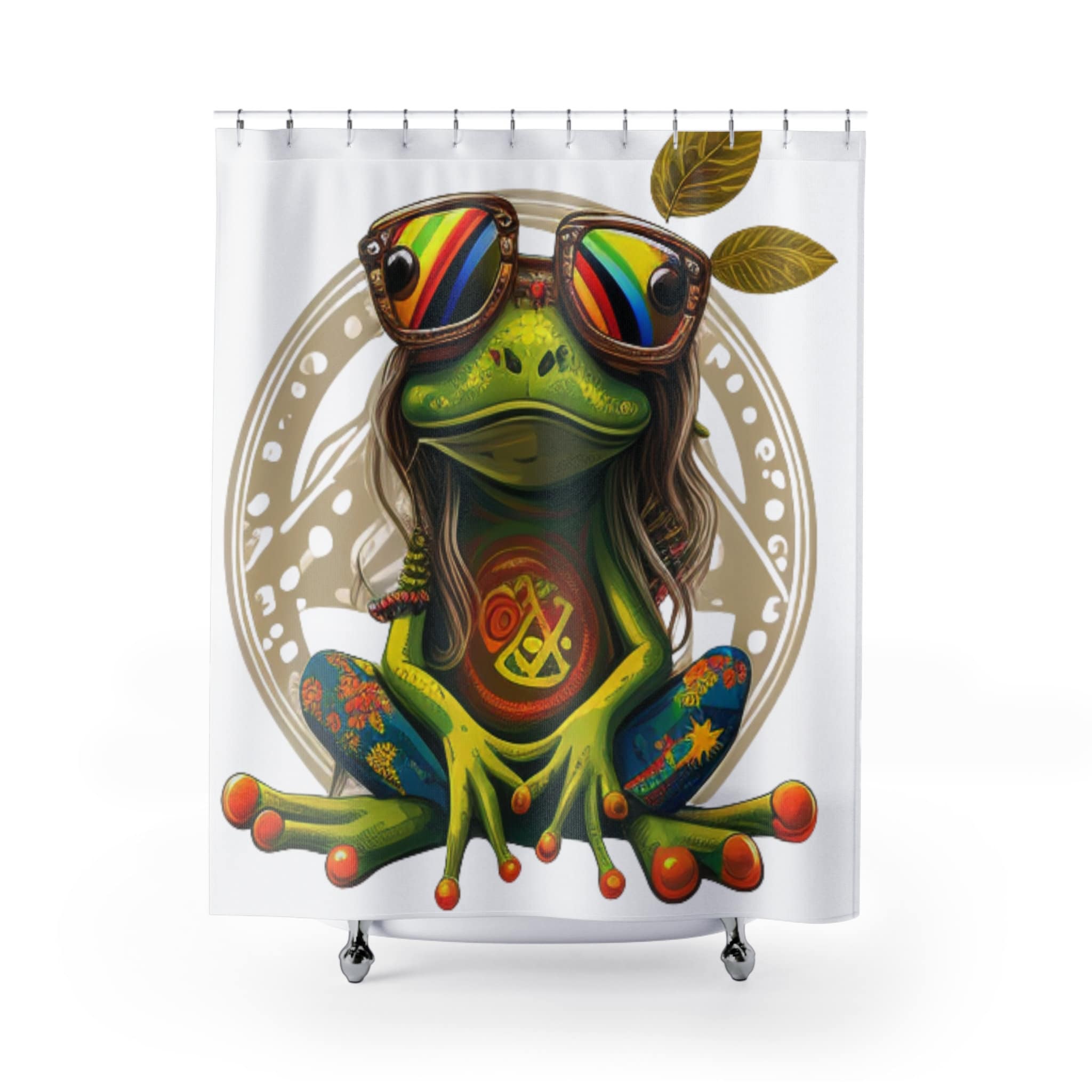 Cool Peace Frog Shower Curtain, Cute Frog Bathroom Decor, Retro