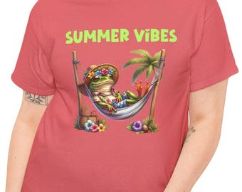 Summer Vibes Frog T Shirt, Hilarious Frog In Hammock T-Shirt, Tropical Vacation Attire, Hilarious Apparel, Ideal for Beach Days, Gift Her