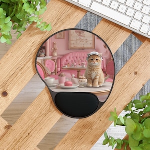 Cute Pink Cat Cafe Themed Mouse Pad with Wrist Rest, Adorable Cat Desk Accessory, Gifts for Cat Lovers, Home Office Decor, Unique Gift Her