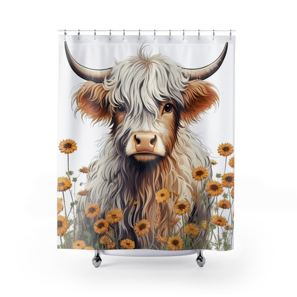 Adorable Highland Cow Shower Curtain, Cute Cow & Flowers Bathroom Decor, Cow Lovers Curtain, Farmhouse Bathroom Decor. Fall Autumn Scene.