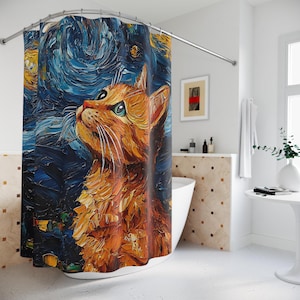 May include: A shower curtain featuring a stylized orange cat with blue, yellow, and white brushstrokes in the background. The cat is looking up at the sky, which is painted in a swirling, abstract style.