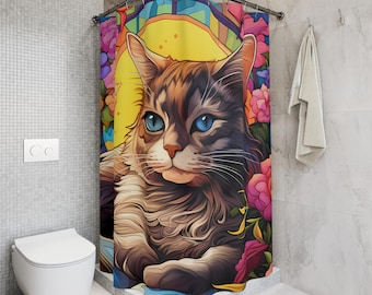 Whimsical Cat Shower Curtain, Colorful Floral Design for Cat Lovers, Stained Glass Look Bathroom Decor, Eclectic Home Decor, Gift Pet Owners