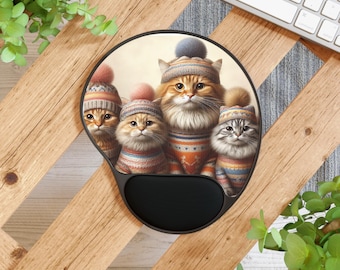 Cute Cat Mouse Pad with Wrist Rest, Cats in Sweaters & Hats Mousepad, Kitten Lover Gift, Home Office Decor, Adorable Kitty Unique Gift