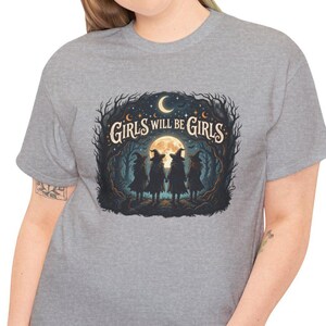 Girls Will Be Girls Witch T-Shirt, Witchy Forest Silhouette Tee, Halloween Moonlit Design, Fun Coven Apparel, Fall Autumn Lover Gift