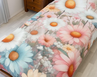 Pastel Floral Daisies Velveteen Plush Blanket, Pretty Flowers Cozy Home Decor, Cottage Core Home Decor, Soft Sofa Throw, Fun Unique Gift Her