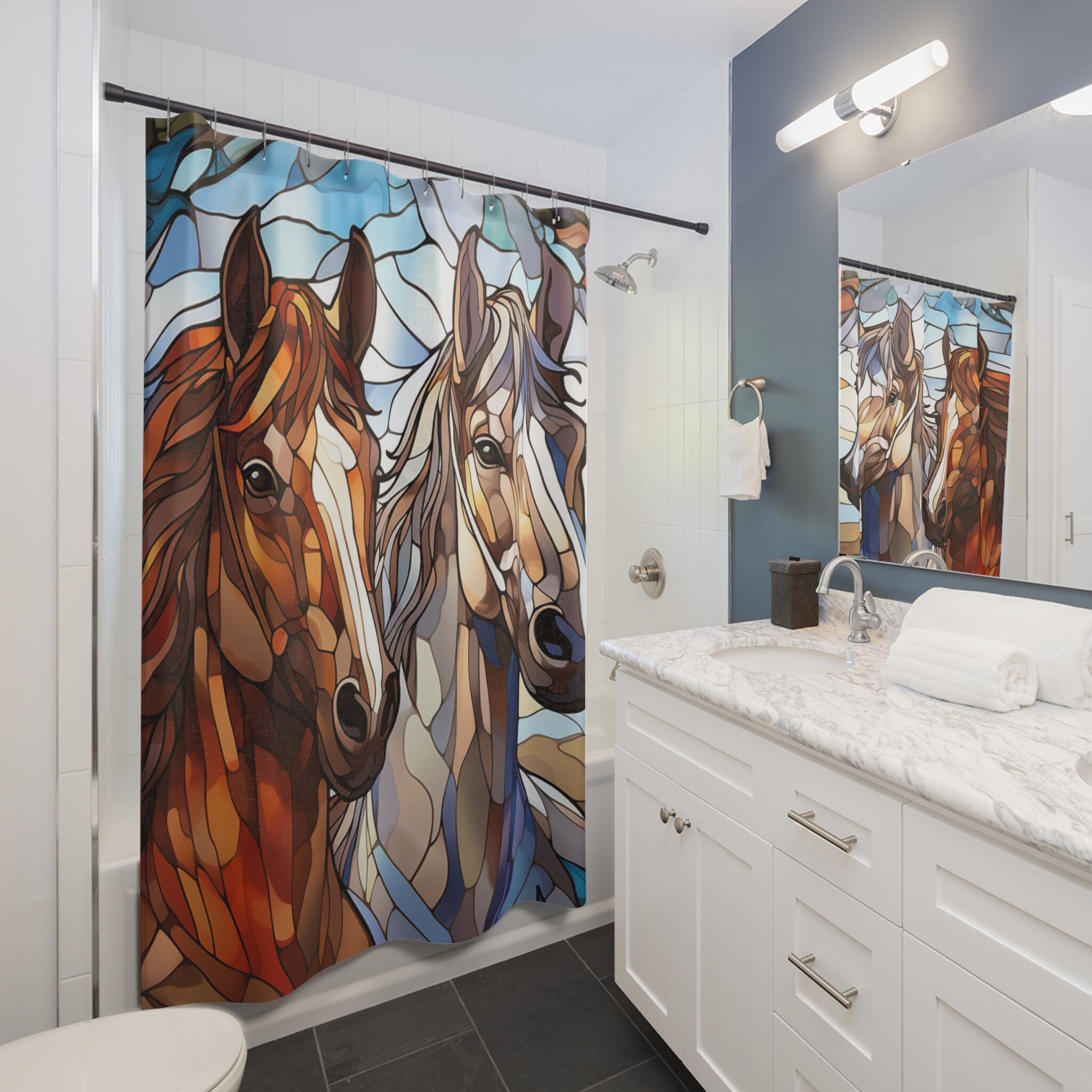 Beautiful Brown and White Horse Shower Curtain, Stained Glass Look