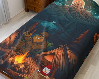 Bigfoot Campfire Scene Velveteen Plush Blanket, Funny Sasquatch Soft Throw, Mountain Camping Campsite Decor, Night Sky Mountains, Gift Him