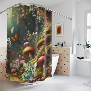 Fairy Fantasy Shower Curtain, Butterflies Mushrooms Bathtub Curtains, Boho Home Decor, Eclectic Bathroom Decor, Custom Design Bath Curtains,