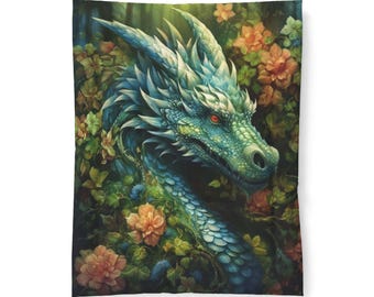 Green Floral Dragon Cotton Comforter, Fantasy Reptile Artwork Bedding, Magical Forest Dragon Bedroom Decor, Enchanted Gift For Him or Her