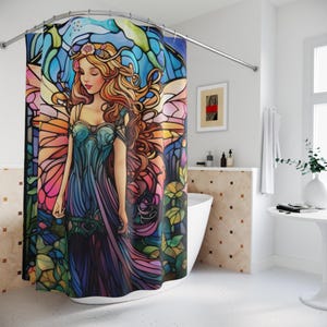 Beautiful Fairy Girl Shower Curtain, Stained Glass Look Design, Mythical Creature Decor, Fairy Lovers Bathroom Decor, Cute Colorful Curtain.