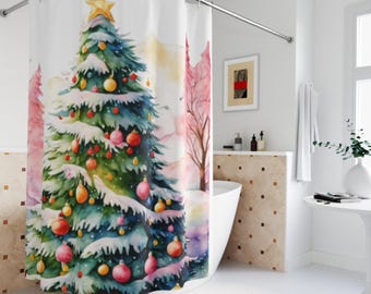 Beautiful Christmas Tree Shower Curtain, Pastel Colors Bathroom Decor, Festive Holiday Home Decor, Cottage Core Curtains, Pink Trees Decor