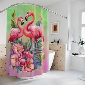 Tropical Flamingo Shower Curtain, Colorful Bathroom Decor, Fun & Vibrant Home Decoration, Eclectic Bathroom, Pink Flamingo Lover Bath Decor