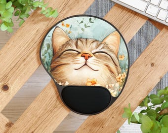 Smiling Cat Face Mouse Pad with Wrist Rest, Adorable Home Office Decor, Floral Desk Accessory, Gift For Cat Lover