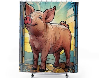 Cute Pig Shower Curtain, Stained Glass Look Bathtub Curtains, Country Farmhouse Home Decor, Adorable Pig Sunset Bathroom Decor. Boho Bath