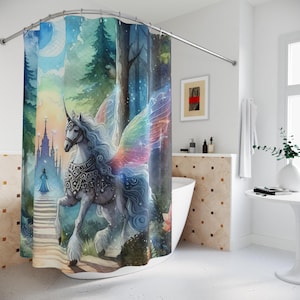 Fantasy Pegasus Shower Curtain, Watercolor Look Bathtub Curtains, Mystical Forest Bath Decor, Childs Kids Bathroom Curtain, Unicorn Bathroom