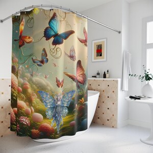 Fairy Fantasy Shower Curtain, Butterflies Bathtub Curtains, Boho Home Decor, Eclectic Bathroom Decor, Custom Design Bath Curtains, Unique.