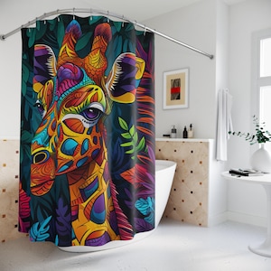 May include: A vibrant shower curtain featuring a colorful giraffe design. The giraffe's face is rendered in shades of yellow, orange, blue, and purple, set against a dark background with tropical foliage. The curtain is suspended from a curved shower rod.