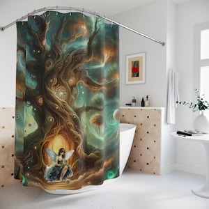 Fairy Fantasy Shower Curtain, Large Tree Fairy Bathtub Curtains, Boho Home Decor, Eclectic Bathroom Decor, Custom Design Bath Curtains.