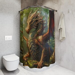 May include: A shower curtain featuring a detailed illustration of a dragon in a forest setting. The dragon has brown and green scales, with red wings. The background shows a lush green forest.