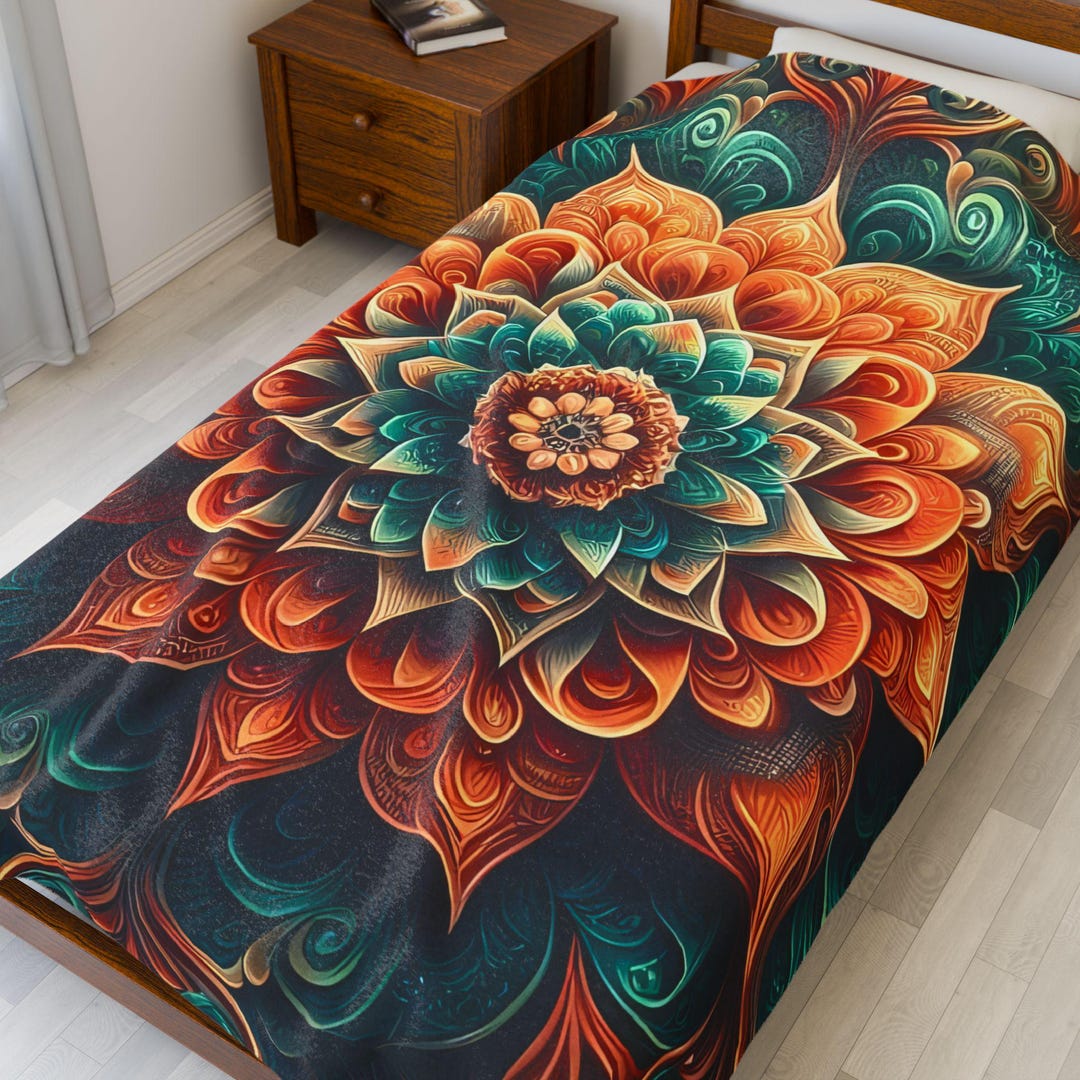 Vibrant Floral Mandala Velveteen Plush Blanket, Soft Cozy Home Decor