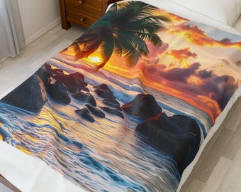 Tropical Sunset Velveteen Plush Blanket, Cozy Throw for Beach Lovers, Perfect for Home Decor, Unique Gift for Summer, Relaxation, Travel,