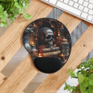 Gothic Skull Mantel Mouse Pad, Creepy Candles Mousepad With Memory Foam Wrist Support, Witchy Desk Decor, Fun Neoprene Mouse Pad Gift