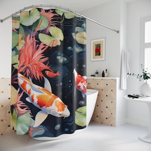 Koi Fish Pond Shower Curtain, Colorful Bathroom Decor, Koi Fish Bathtub Curtain, Watercolor Look Home Decor, Fun Custom Bathroom Curtains.