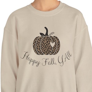 Adorable Happy Fall Y&#39;all Sweatshirt, Cute Leopard Print Pumpkin Shirt, Autumn Fall Lovers Apparel, Cool Halloween Top, Animal Print Attire.