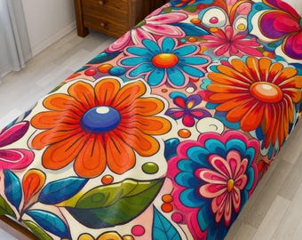 Vibrant Floral Velveteen Plush Blanket - Boho Home Decor, Bright Florals Throw, Gift for Her, Bohemian Bedroom, Fun Unique Gift Houswarming
