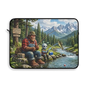 Fishing Bigfoot and Alien Friend Laptop Sleeve, Retro Wilderness Scene MacBook Cover, Hilarious Sasquatch Computer Case, Unique Gift