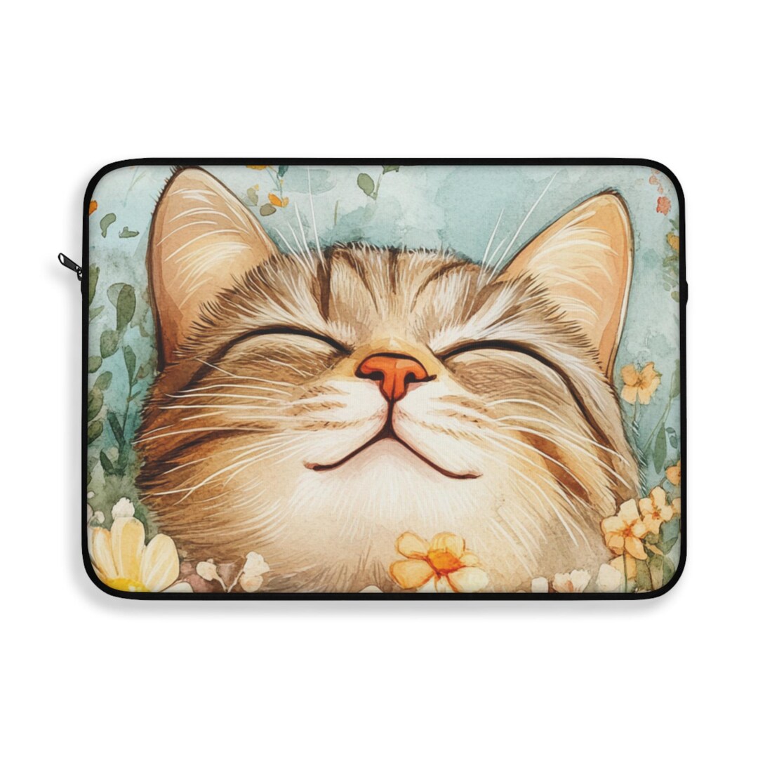 Computer Cat Covers Smiling Tabby Cat Laptop Sleeve, Kawaii Floral Cute Cat Face MacBook ...