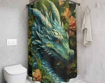Green Forest Dragon Portrait Shower Curtain | Fantasy, Floral Background, Eclectic Home Decor, Fantasy Bathroom Curtains
