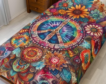 Colorful Peace Sign Floral Velveteen Plush Blanket, Cozy Throw for Home Decor, Festival Gift, Boho Living Room Accessory, Hippie Bedding