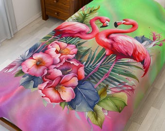 Tropical Flamingo Velveteen Plush Blanket, Cozy Throw For Beach House, Gift for Beach Lovers, Colorful Decor, Tropical Vibes Gift For Her