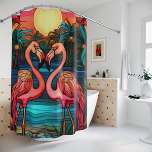 Beautiful Pink Flamingos Shower Curtain, Tropical Birds Home Decor, Colorful Eclectic Bathtub Curtains, Tropical Themed Decor, Custom Decor.
