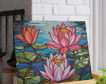 Lotus Flower Pond Cutting Board, Tempered Glass Charcuterie Board, Stained Glass Look Serving Tray, Functional Kitchen Art, Fun Unique Gift