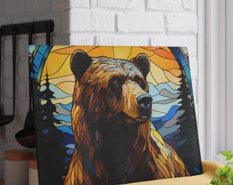 Brown Bear Cutting Board, Mountain Sunset Charcuterie Board, Stained Glass Look Tempered Glass Serving Tray, Lodge Log Cabin Home Decor Gift
