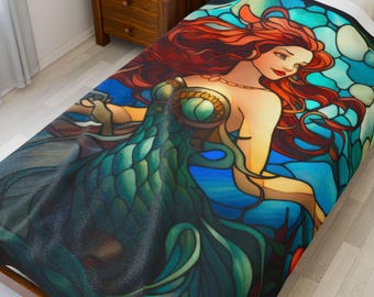 Beautiful Mermaid Velveteen Plush Blanket, Stained Glass Look Cozy Throw for Home Decor, Gift for Beach Lovers, Tropical Beach House Throw